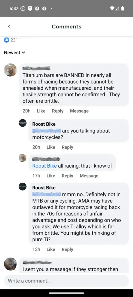 Facebook conversation about titanium handlebars being banned