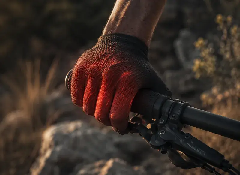 Mountain bikers hand gripping a mountain bike handlebar and suffering from numb hands and hand pain