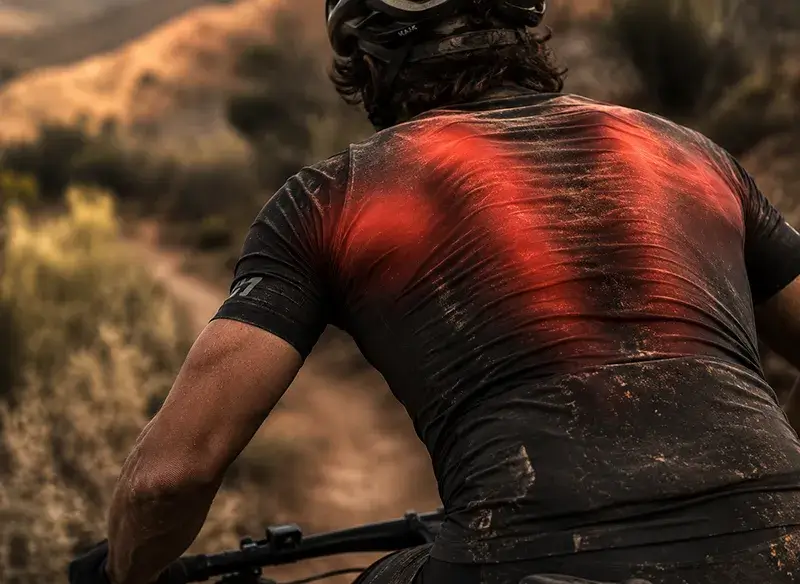 Image of a mountain bikers back while riding illustrating suffering from back pain and shoulder pain